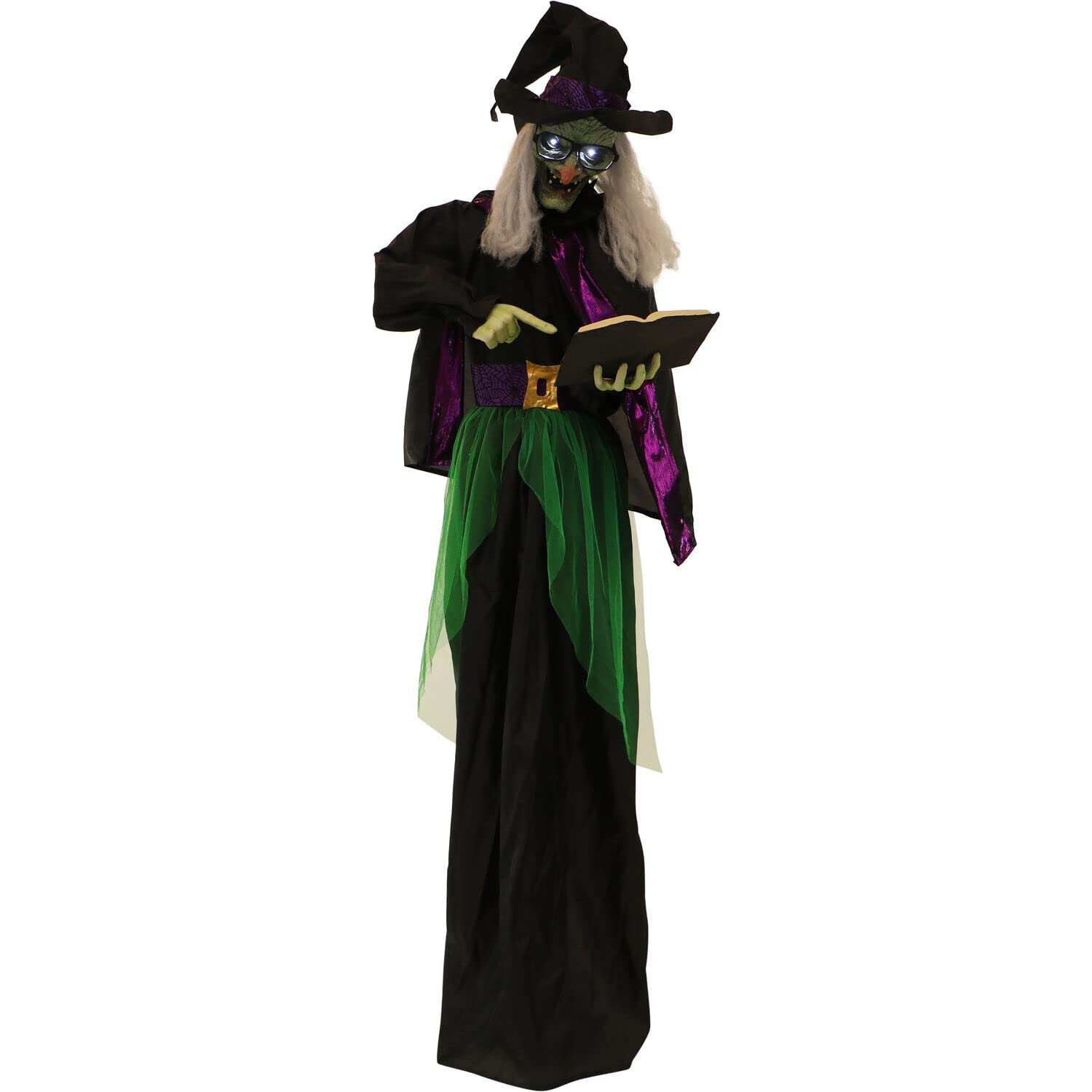 Haunted Hill Farm Life-Size Scary Talking Witch Holding Spell Book, Halloween Animatronic with Touch Activated Lights and Sound, Battery Operated Indoor or Covered Outdoor Halloween Decorations