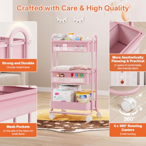 Image of Modanais Baby Diaper Caddy Organizer Cart - 3 Tier Rolling Storage Cart with Wheels, Baby Essentials for Nursery Storage, Detachable Dividers - for Crib, Bedroom, Art & Craft Organizer (Pink)