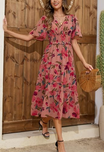 Kormei Women's V Neck Short Sleeve Boho Smocked Long Flowy Summer Dress Wedding Guest Engagement Dresses4