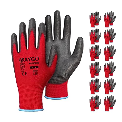 Image of KAYGO Safety Work Gloves for Men Women, PU Coated Palm & Fingers, KG11P | Smooth Grip, Breathable & Lightweight, 13-Gauge Seamless Knit, for Light Warehouse, Manufacturing, Gardening