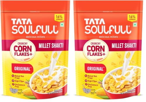 Image of Tata Soulfull Corn Flakes+, Original*, Crunchy Corn & Millets, Baked Not Fried, Cholesterol Free, High Fiber, Wholesome Breakfast Cereal, Quick & Easy, 475g (Pack of 2)