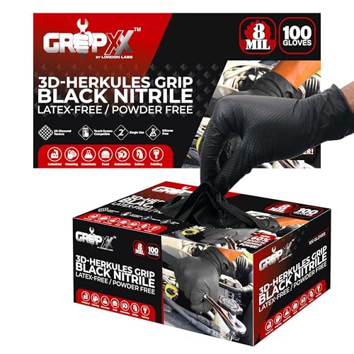 GRIPXX Herkules Grip Heavy Duty 8Mil Black Nitrile Gloves,3D Raised Diamond Texture-Latex & Powder-Free Industrial, Mechanic (200, Large)