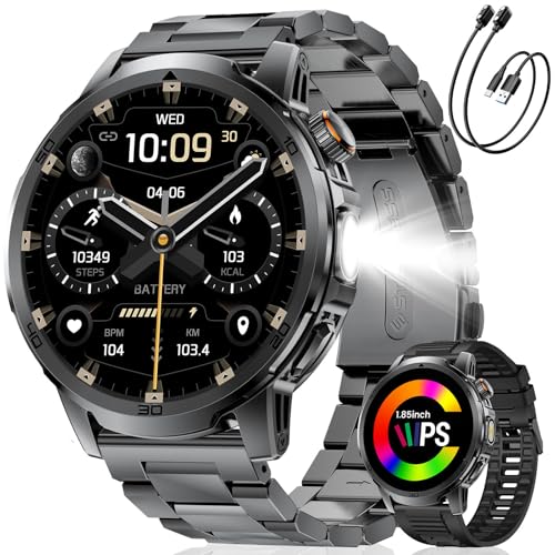Image of Military Smart Watch for Men Answer /Make Call, 1.85'' HD Rugged Smartwatch with 1000mAh Battery /Flashlight /Heart Rate /110+ Sports Mode, IP68 Waterproof Fitness Tracker Watch for Android iPhone