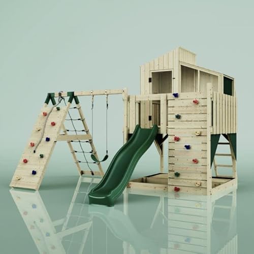 Rebo® PolarPlay Kids Climbing Tower and Playhouse – Climb and Swing Runa Green | OutdoorToys | Wooden Climbing Frame and Wendy House with Climbing Wall, Slide and Sandpit