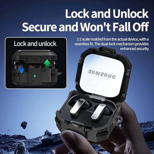 Image of Hybrid Lock Armor Case Cover for Samsung Galaxy Buds 4 and 4 Pro, Rugged, Shockproof with Heavy Duty Carabiner (Black, Armor with Lock)
