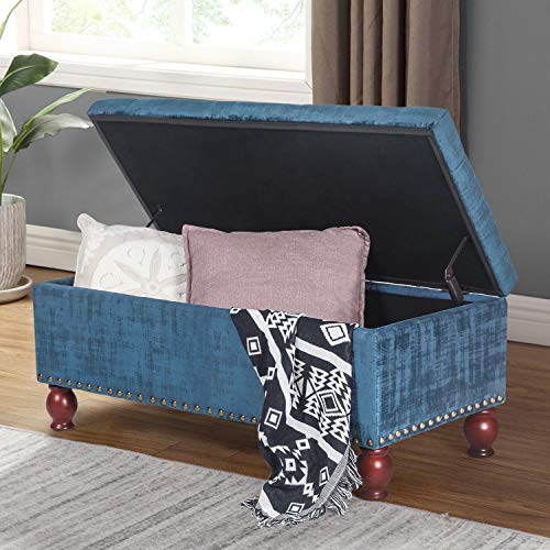 Asense Linen Fabric Rectangle Tufted Lift Top Storage Ottoman Bench, Footstool with Solid Wood Legs Upholstered Storage Bench (Dark Steelblue)