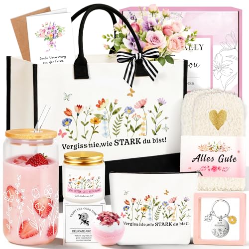 TUZELIYA Gute Besserung Geschenke Frau 8tlg. Positive Geschenke Freundin mit Canvas Einkaufstasche Ermutigende Geschenkset mit Genesungskarte für Oma Mama Ehefrau Freundin Kollegin Tochter