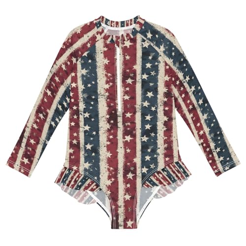 ALAZA Retro Striped Star American Flag Girls One Piece Swimsuit Long Sleeve Rashguard Swimsuit UV 50+ Swimwear Zip