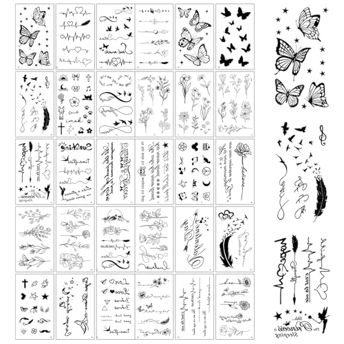 30 Feuilles Tatouage Ephemere Autocollants,Fleurs, Papillons,Faux Tatouages Noirs pour Femmes et...