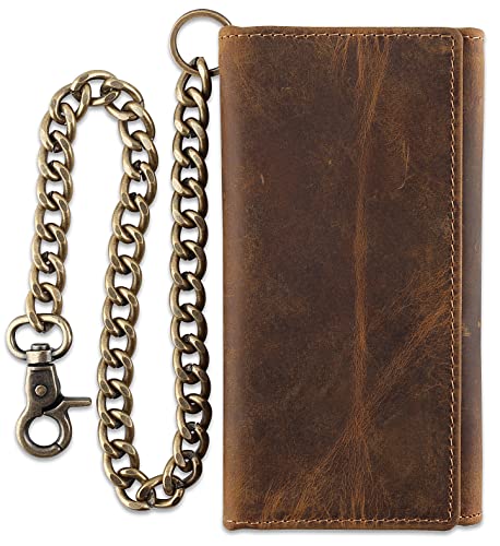 Image of F&L CLASSIC RFID Blocking Mens Tri-fold Long Style Cowhide Leather Steel Chain Wallet,buffalo wax vintage leather,212 wax brown
