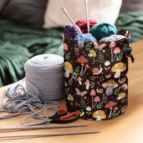 Image of Sellikakes Mushroom Yarn Bag, Small Crochet Bag Organizer, Drawstring Yarn Storage Knitting Bags, Portable Mini Yarn Holder for Crocheting Project
