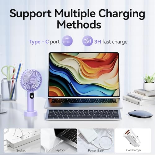 TECKNET Handheld Fan, Portable USB Hand Held Fan Rechargeable with LED Display, Mini hand fan 3 Speed Battery Operated Detachable Base Cooling Desk fans handheld for Home Office Bedroom Outdoor - Image 5