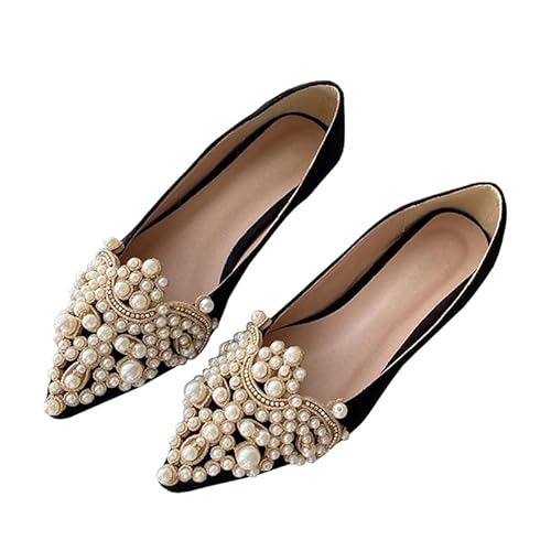 HuangTaiJi Qing Women's D'Orsay Flats Fashion Vintage Ballets Loafers, Ladies Sexy Pearls Pointy Closed Toe Sandals Shiny Shoes S-Black 1 US 7