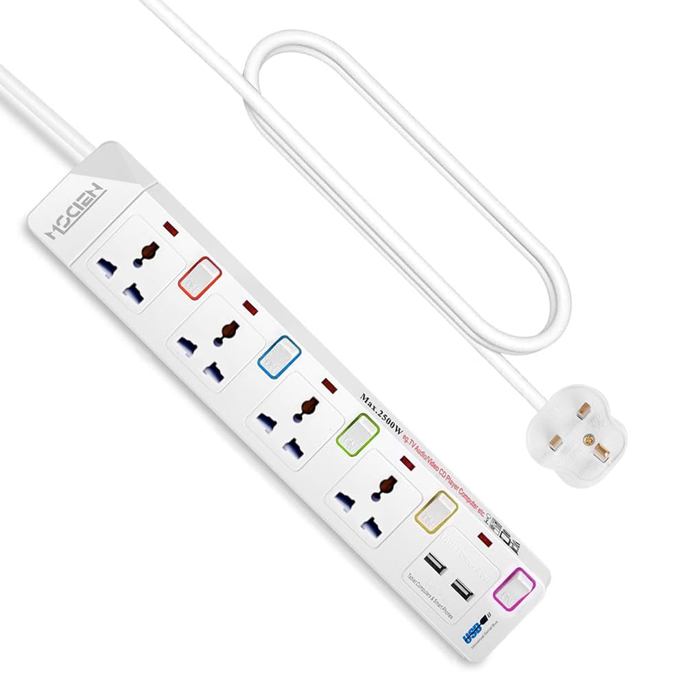 3M 4 Way Extension Lead with 2 USB, Mscien Plug Extension with 5 Independent Switch Power Strip