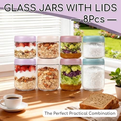 NBOUOU 8-Piece Overnight Oats Glass Jar Set with Lids, 480ml & 350ml Mason Jars for Leakproof Breakfast Storage and Food Preservation - Image 3