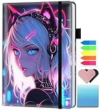 A5 Leather Lined Journal Notebook, 200 Pages Hardcover Executive Notebook for Office School Note Taking, Thick Writing Paper Daily Journal with Bookmarks/Indexes, Cat Girl Blue Neon Anime