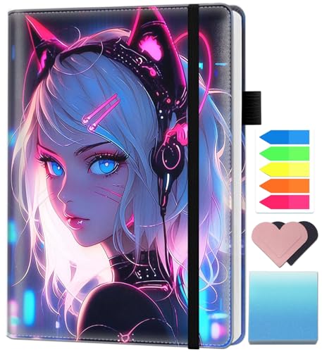 A5 Leather Lined Journal Notebook, 200 Pages Hardcover Executive Notebook for Office School Note Taking, Thick Writing Paper Daily Journal with Bookmarks/Indexes, Cat Girl Blue Neon Anime