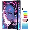 A5 Leather Lined Journal Notebook, 200 Pages Hardcover Executive Notebook for Office School Note Taking, Thick Writing Paper Daily Journal with Bookmarks/Indexes, Cat Girl Blue Neon Anime