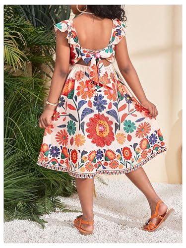 Girl's Floral Midi Dress Boho Tropical Dresses Ruffle Sleeve Bow Back Summer Vacation A Line Flowy Dresses2