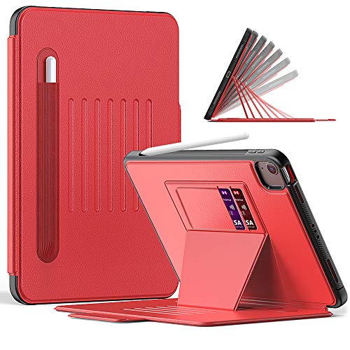 KANNIL Étui pour iPad Air 4 10.9 2020 / iPad Pro 11 Case 2020 2018, support magnétique réglable 7 niveaux de protection avec porte-crayon et fente pour cartes, réveil automatique (rouge) Cover