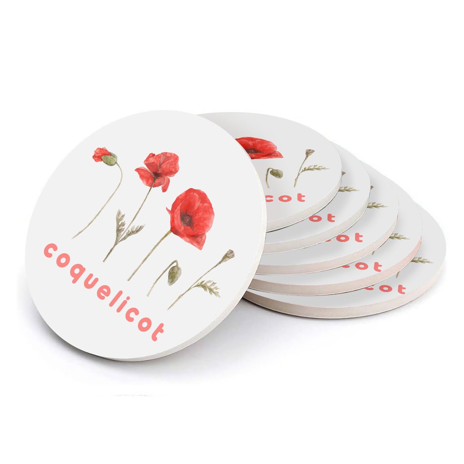 Sous-verre ronds en céramique haut de gamme - Décoration coquelicot aquarelle chic