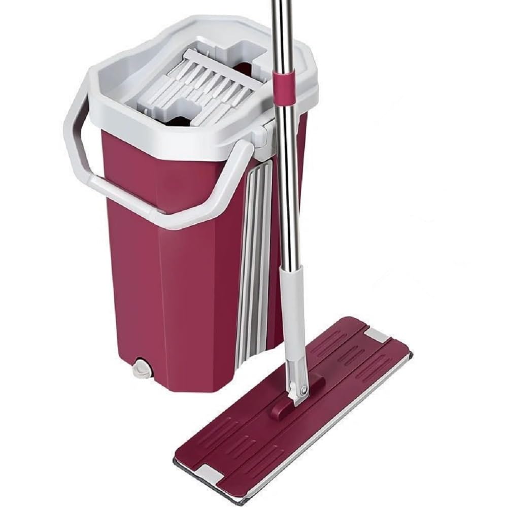 Kit Balai Serpillère & Seau Essoreur - L'ensemble Comprend 1 Vadrouille Et 1 Seau, Ainsi Que 6 Chiffons De Nettoyage, 1 Raclette De Nettoyage, Serpillères Tous Types De Sols,Rouge