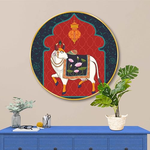 Image of SAF Round Sacred Cow Wall Painting - Golden Frame | Divine Pooja Room Wall Art with Lotus Motif | Traditional Hindu Religious Decor for Home Temple Living Room Gift