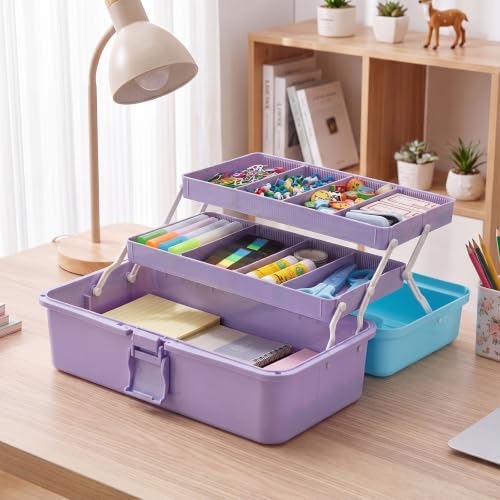 Image of BTSKY 3-Layer Plastic Dividing Storage Box Craft Organizer and Storage | Portable Handled Art Supply Organizer with Adjustable Spacers Multipurpose Home Utility Box for Medicine Sewing(Blue+Purple)
