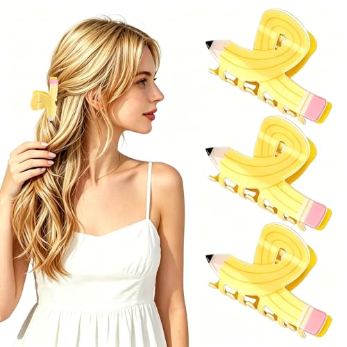 3 Pzas Pinzas para Cabello en Forma de Lápiz Amarillo para Maestras, Accesorios de Pelo miniatura 1