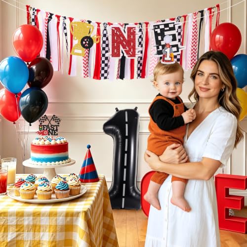 Image of Race Car Fast One Highchair Banner for First Birthday Party Decorations | Pre-strung Race Car Fabric Banner for Boys Black Red High Chair Banner for One Birthday Backdrop Decorations