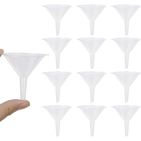 DIYASY 12 Pcs Small Plastic Funnels,Multi-Purpose 2.16 Inch Clear Funnels Long Reaching Spout for for Filling Bottles Science Lab Bottle Filling Liquid, Essential Oils, Perfume.