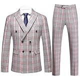 UNINUKOO Men's Suits 2 Piece Plaid Double Breasted Slim Fit Checkered Wedding Casual Homecoming Tuxedo Jacket Dress Pants Set US Size 38 Grey Pink