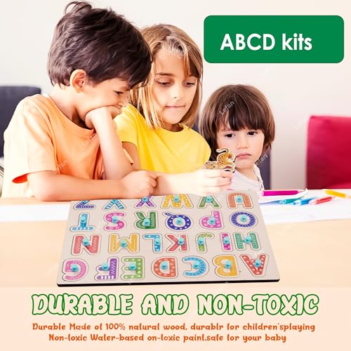 Image of Lefan Wooden Alphabet Puzzle with Pegs - A to Z ABC Learning Board for Toddlers - Montessori Educational Toy for Kids Age 2+ - Early Literacy Development