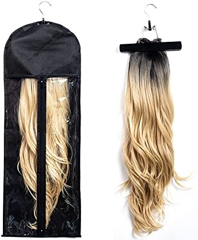 RJMBMUP 1 Pack Extra Long Hair Extension Holder Wig Storage Bag with Hanger Hairpieces Ponytail Bundles Storage Carrier Case for Store Style Hair Travel Hair Extensions Bag Black Color