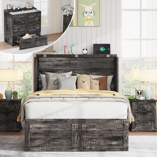 Image of AMERLIFE Twin Murphy Bed Cabinet with Charging Station and Storage Drawer, Farmhouse Foldable Platform Bed for Home Office, Apartment, Small Spaces, Black Oak