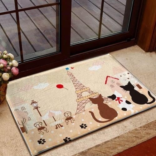 Paris Eiffel Tower Cats Floor Mat Rug Door Bath Mat Soft Absorbent Pink Beige 50*80cm.