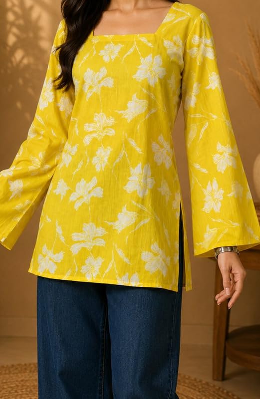 Image of Rayon Floral Print Short Kurti for Women | Square Neck Long Sleeve Top for Women | Criss Cross Back Desing Kurti | Soft Breathable Fabric | Relaxed Fit | Casual and Office Wear