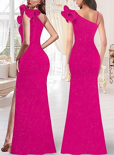 Image of VFSHOW Womens Ruffle One Shoulder Strap Ruched Formal Prom Wedding Maxi Dress V Neck Elegant Split Cocktail Evening Long Gown