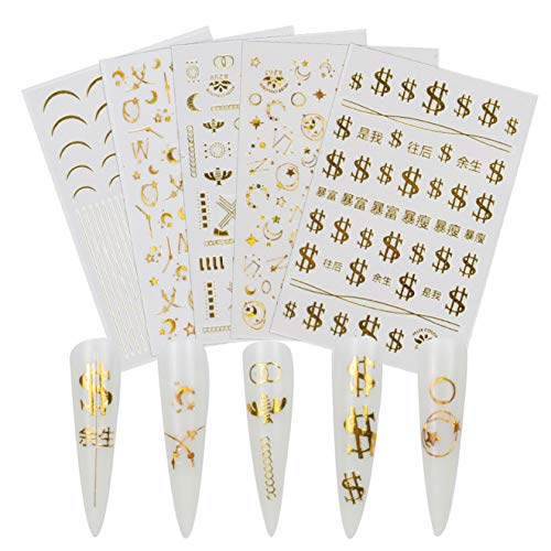 5 Sheets Luxury Nail Art Stickers Nail Decals Designer Gold Customized Money Chain Moon Star Bees Nail Decals for Fake Bad Girl Pop Finger Nail Design, Acrylic Nails Accessories