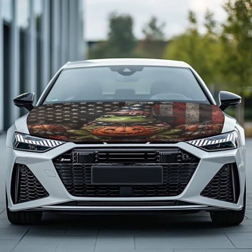 Image of Halloween Pumpkin Style Car Hood Cover Elastic Polyester Car Hood Protector Auto Patriotic Decorations Waterproof Sunproof Automotive Exterior Accessories