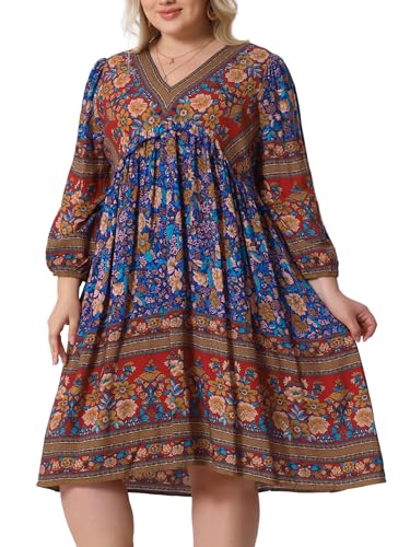 Image of Agnes Orinda Plus Size Summer Dress for Women Casual Boho Floral V Neck 3 /4 Sleeve Midi Short Beach Dress