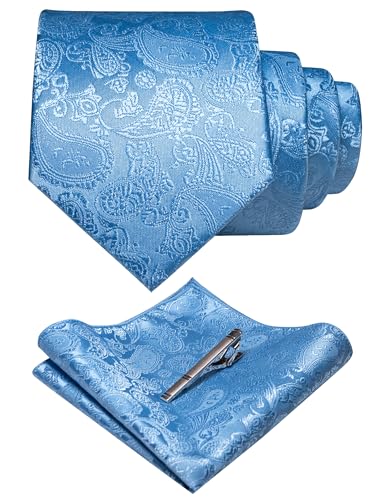 Image of JEMYGINS Mens Solid Color Paisley Necktie and Pocket Square with Tie Clip Sets