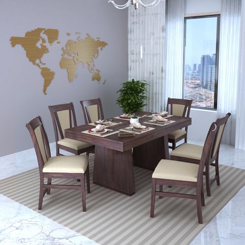 Image of Solid Wood 6 Seater Dining Table | Sheesham Wood Six Seater Dining Table with Cushion Chairs | Wooden Furniture Dinner Table with 6 Chairs | Walnut Finish with Cream Upholstery