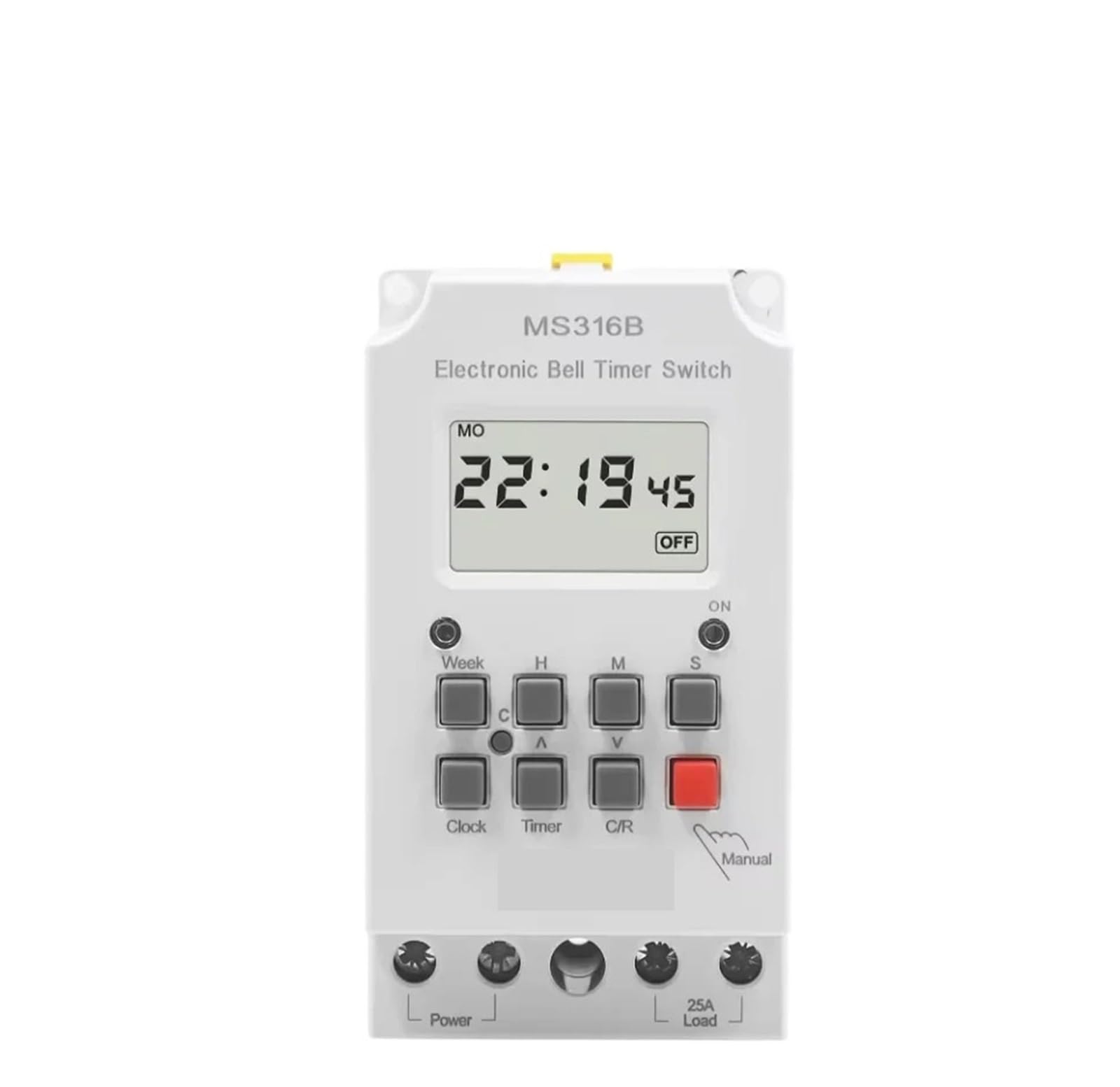 Temporizador de Timbre Escolar, 220 V CA, 25 A, MS316B con Tapa, programable semanalmente, duración de Encendido de 99 Horas, 23 Horas y 59 Segundos, con Pantalla L/C/D