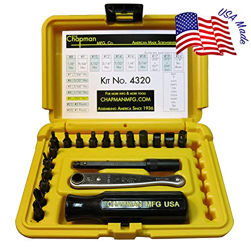 Chapman Mfg 4320 All-Purpose Standard Screwdriver Set - Includes Phillips, Sae Allen Hex & Slotted/Flathead Bits - Complete Set Offers 17 Usa Made Insert Bits, Mini Ratchet Hand Tool + Open Slots #TOP1