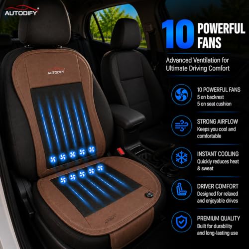 Image of Car Ventilated Cooling Seat Cushion Cover with 10 Powerful Fans & 3 Adjustable Cooling Levels, Breathable Fabric + Brown Leather Universal Fit for All Cars, Large Airflow