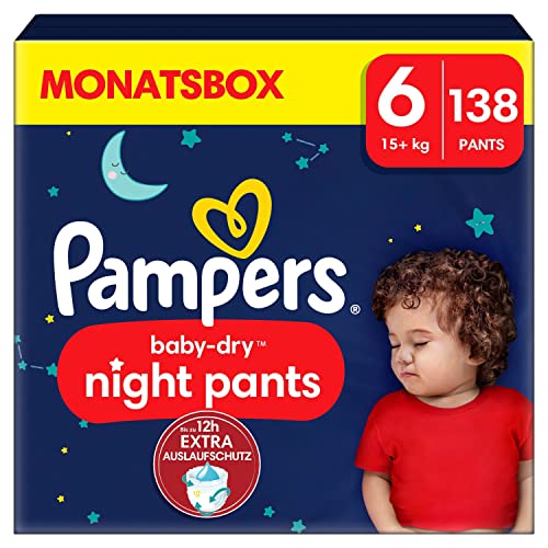 Pampers Night Pants, tamaño 6, 138 capas, 15 kg+, mantenimiento de 360° contra fugas con un corazón súper absorbente para una protección reforzada toda la noche, paquete de 1 mes