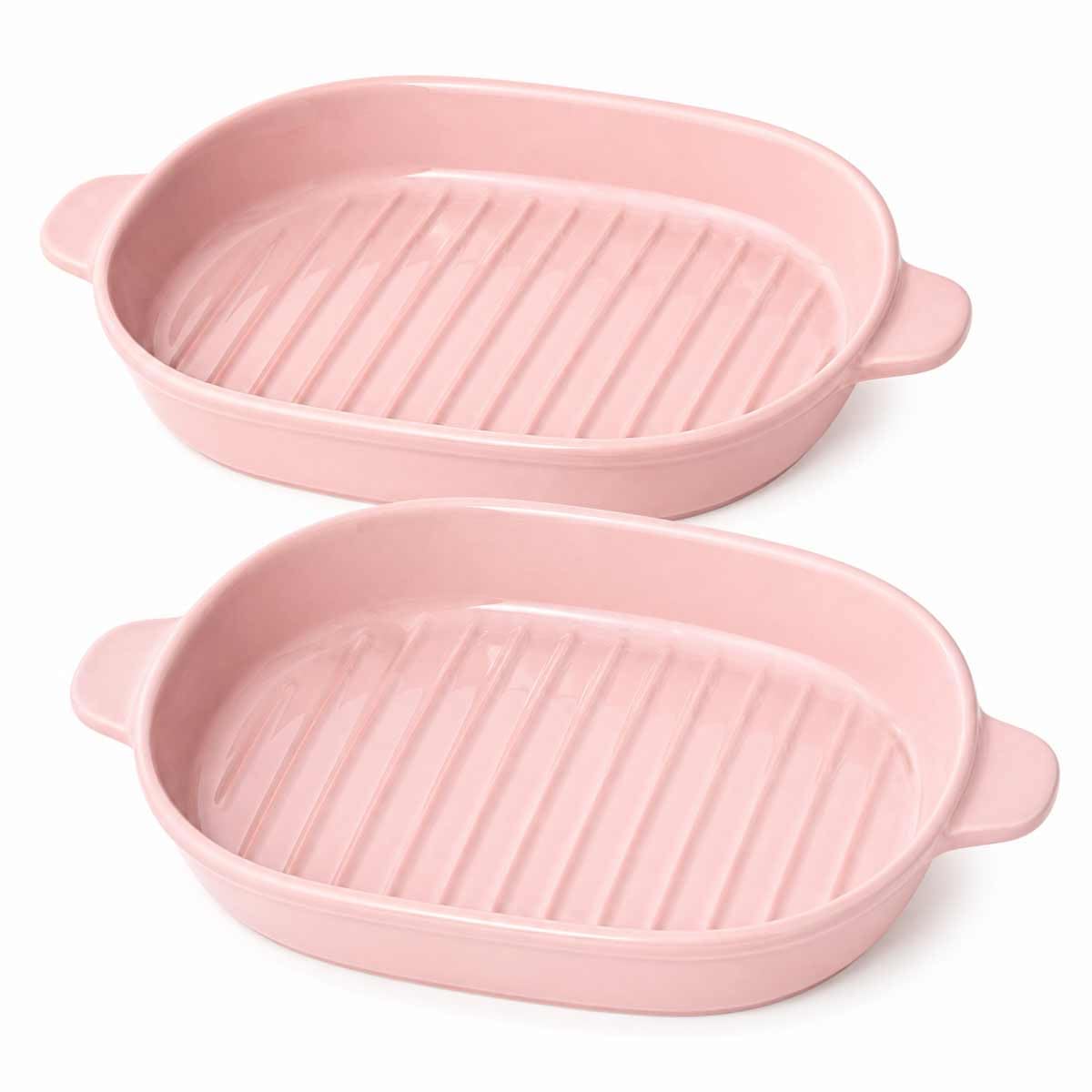 Ceramic Rectangular Baking Dish in Matte Pink, 27.5x18.5cm, with Handles and Ribbed Bottom, Oven and Microwave Safe