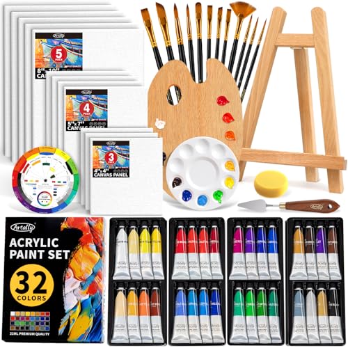 ARTALLY Acrylic Paint Set for Adults & Kids, 62 Pcs Canvas Painting Kits, 32 Colors Acrylic Paint (22ML),Table Easel,Brushes,Canvas, Art Painting Supplies Kit for Students,Artists,Beginners