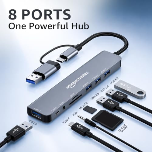 Image of Amazon Basics 8-in-1 USB Hub with Dual Plug (USB-A & USB-C), USB 3.0, 3 x USB 2.0, USB-C 2.1, SD /TF Card Reader & 3.5mm Audio Jack, 18 cm Cable (Grey)